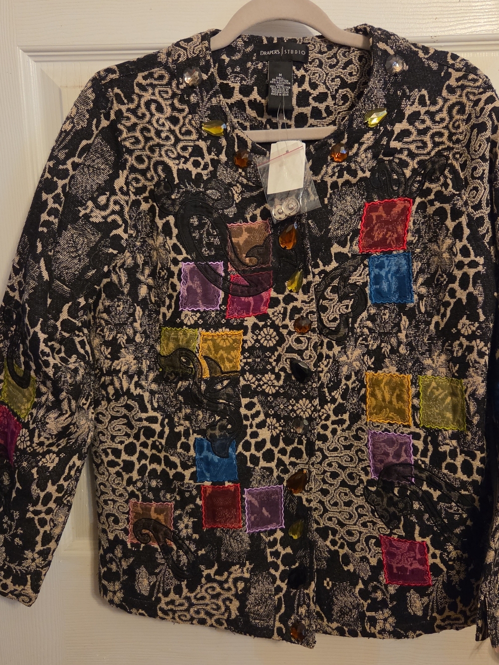 Black Patterned Utility Jacket with Velvet Patch Accents